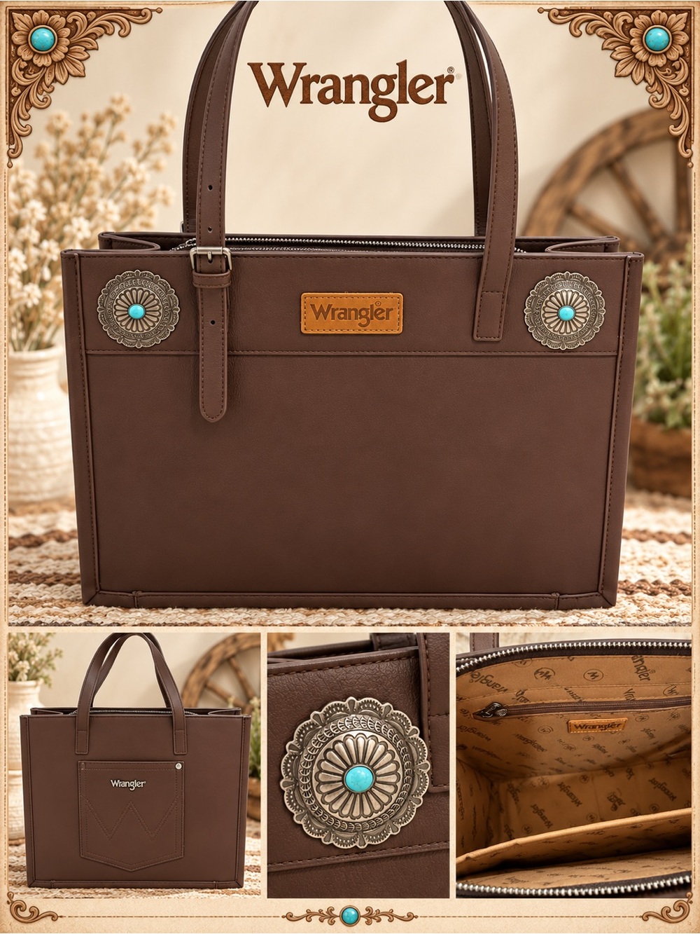 NWT Wrangler Brown Tote with Turquoise Concho Details